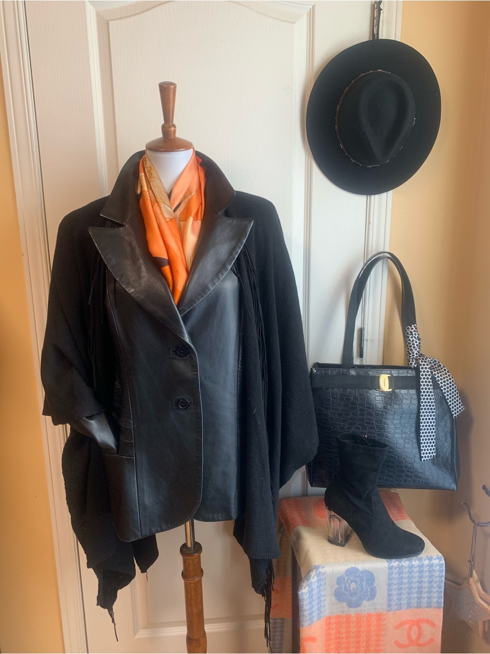 Dimitri vintage Black Leather jacket coat with lapel